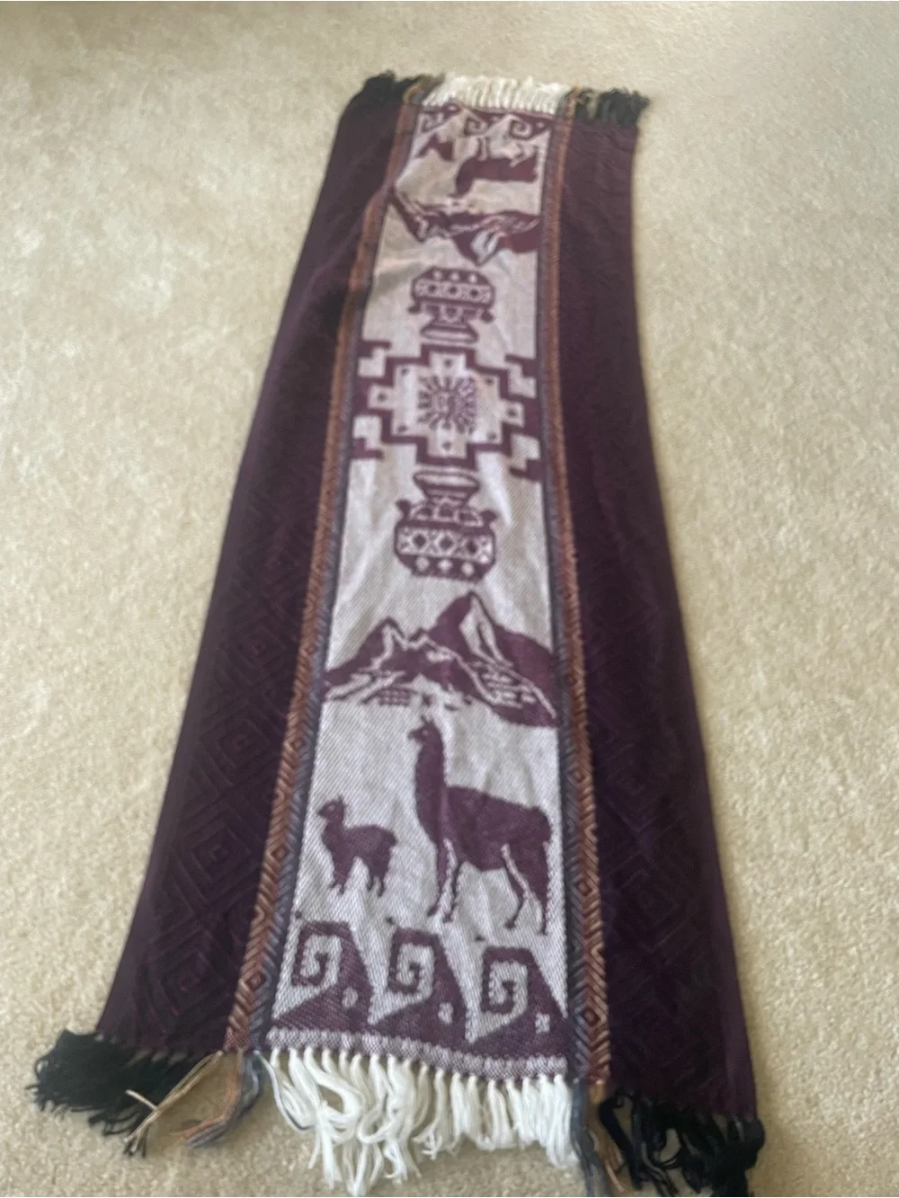 Handmade in Peru Patterned Tassel Scarf Vest - Burgundy Cream. OS